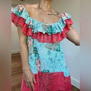 Sugarfox Ruffled Drape Shoulder Coral Tunic Top Plus Size - 2XL